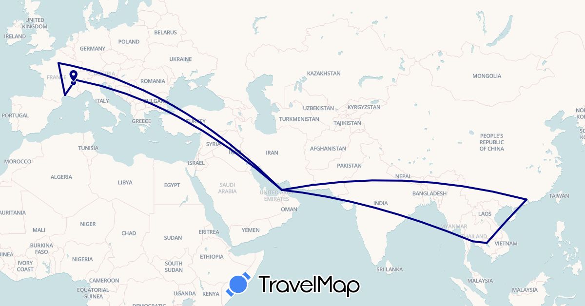 TravelMap itinerary: driving in United Arab Emirates, Switzerland, China, France, Cambodia, Thailand (Asia, Europe)